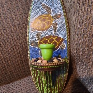 Handpainted Turtle on vtg wood candle sconce dot art upcycled